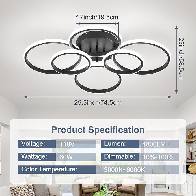 Modern Ceiling Lights, 6 Rings Dimmable Black LED Ceiling Light Fixtures with Remote Control, 60W Close to Ceilings Lighting for Living Room, Bedroom, Dining Room