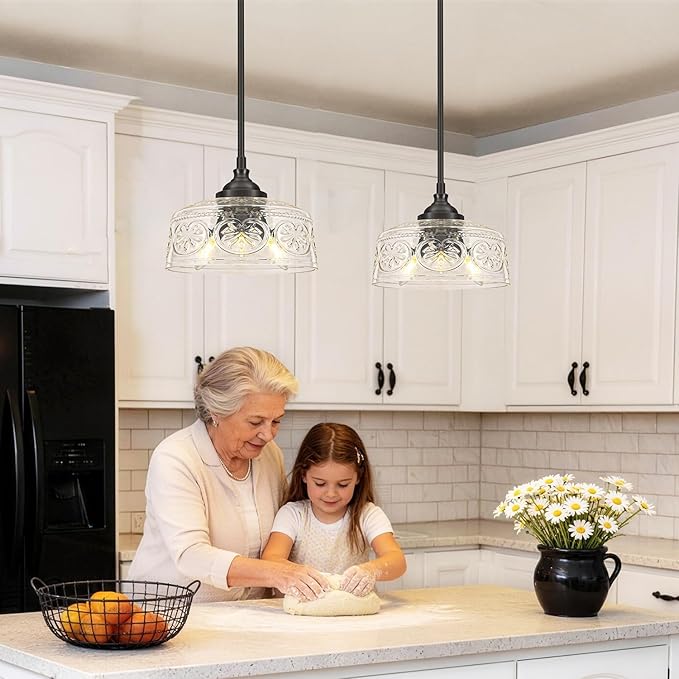 3-Light Adjustable Pendant Lights Kitchen Island, Black Metal & Clear Glass Ceiling Pendant Light, Vintage Drop Lights for Bathroom, Hallway, Convertible Ceiling Mount Or Hanging Fixture, 90°Swivel