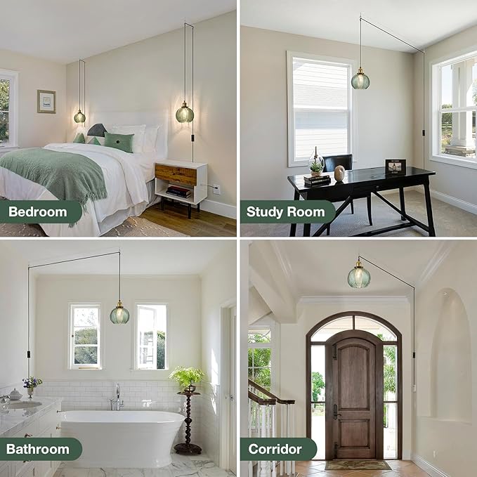 Modern Plug in Hanging Light, 7.8 Inch Glass Pendant Light with 14.76 FT Adjustable Plug in Cord, Vintage Green Hanging Lamp for Dining Room Bedroom Kitchen Island Bathroom E26
