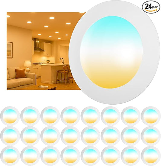 24 Pack 6 Inch LED Disk Lights, Dimmable Flush Mount Ceiling Disc Lights, 2700K/3000K/3500K/4000K/5000K 5CCT Selectable, 14.8W, 1150LM, UL/FCC/Energy Star, Installs with J-Box or Recessed Can