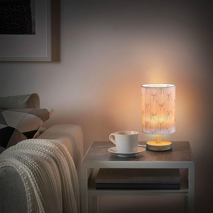 Aslsiy Coquette Pink Bows Bedside Table Lamp Pink Beige Stripes Nightstand Lamp Night Light Fabric Shade for Bedroom Living Room Home Office