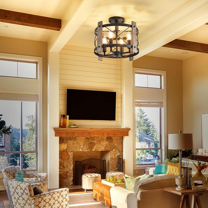 Black Semi Flush Mount Ceiling Light, 4-Light Ceiling Light Fixture, Farmhouse Chandelier Ceiling Light, Rustic Industrial Dining Room Light Fixture for Kitchen Bedroom Hallway Living Room E12