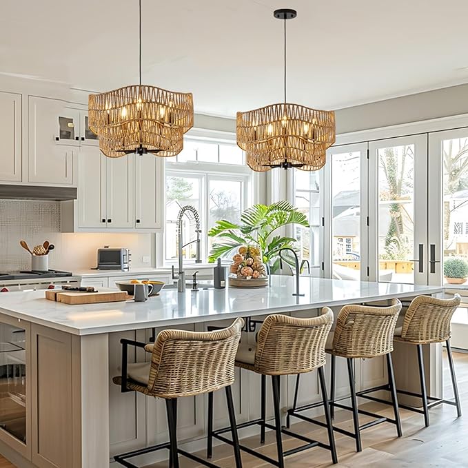 19.68" Large Rattan Chandelier, 5-Light Hand Woven Pendant Light Fixture, Farmhouse Boho Chandeliers, Adjustable Wicker Hanging Ceiling Lamp for Kitchen Bedroom Living Room Hallway Foyer
