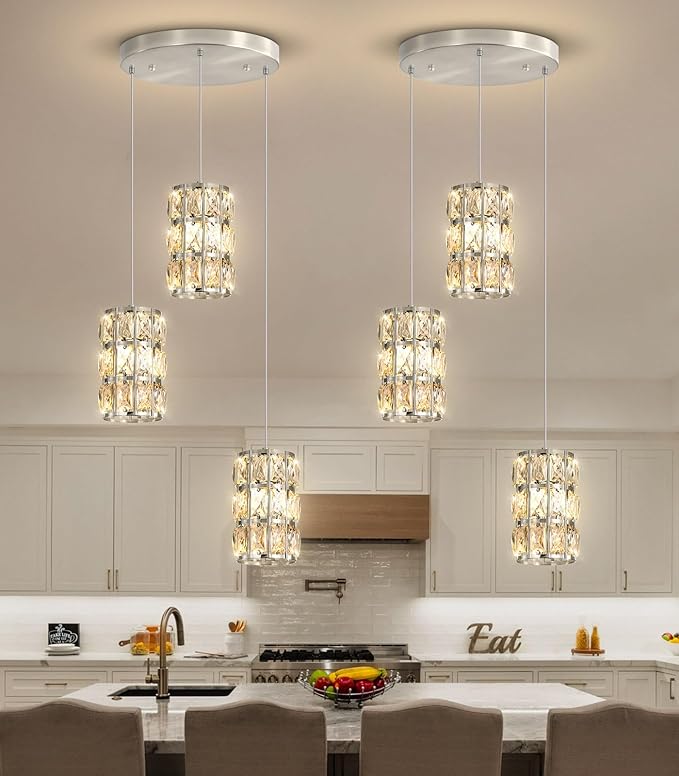 3-Lights Modern Crystal Pendant Lights for Kitchen Island LED Dimmable Glam Pendant Lighting Chandelier for Dining Room Hallway Corner Lamp Nickel