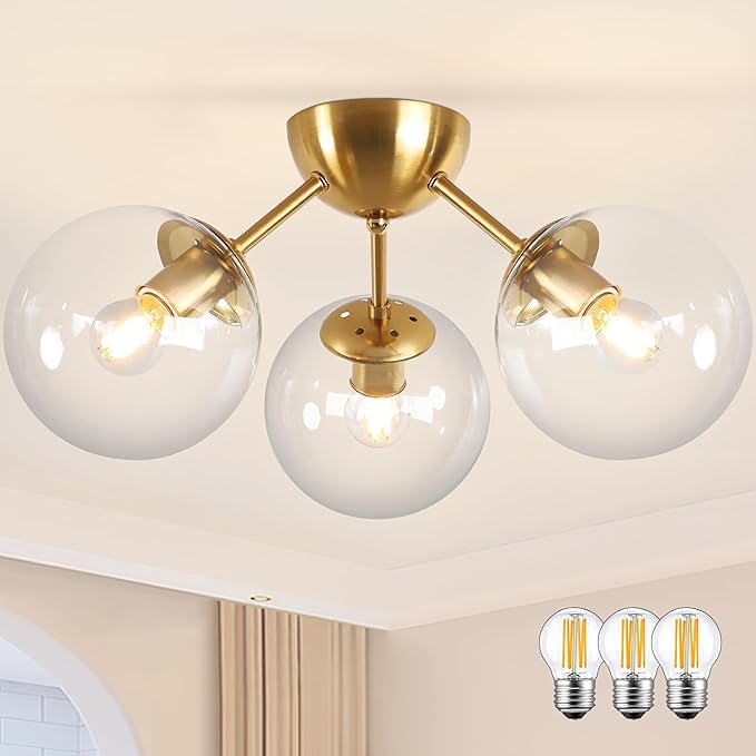 Mid-Century Modern Semi Flush Mount Ceiling Light 3 Lights Clear Glass Modern Globe Ceiling Light Gold Brass Sputnik Chandeliers for Hallway Entryway Kitchen Bedroom Laundry(Bulb Incl.)