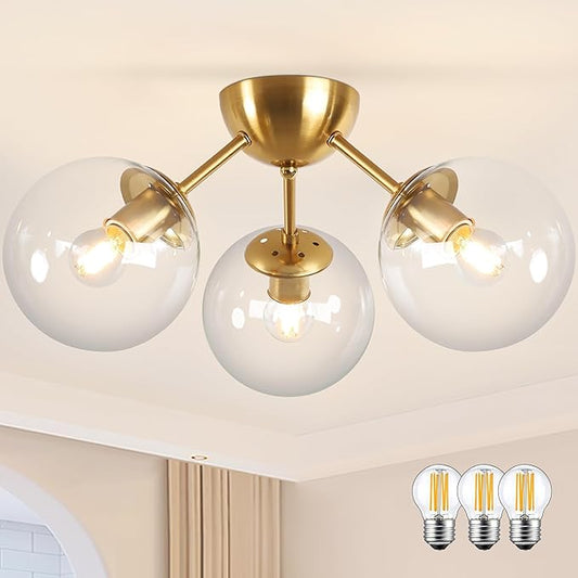 Mid-Century Modern Semi Flush Mount Ceiling Light 3 Lights Clear Glass Modern Globe Ceiling Light Gold Brass Sputnik Chandeliers for Hallway Entryway Kitchen Bedroom Laundry(Bulb Incl.)