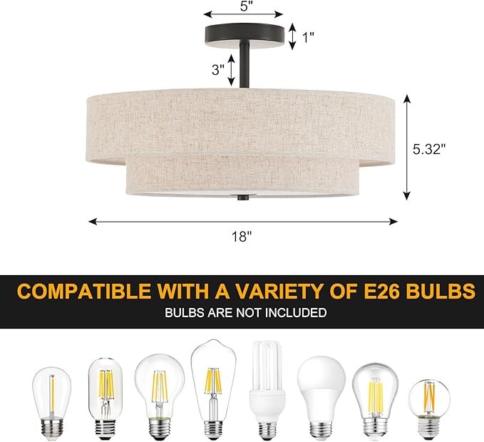Modern Semi Flush Mount Ceiling Light 18" Modern 3-Lights Black Drum Ceiling Lighting Fixture with Linen Shade Vintage Ceiling Lamp for Kitchen, Basement, Laundry Room, Bedroom