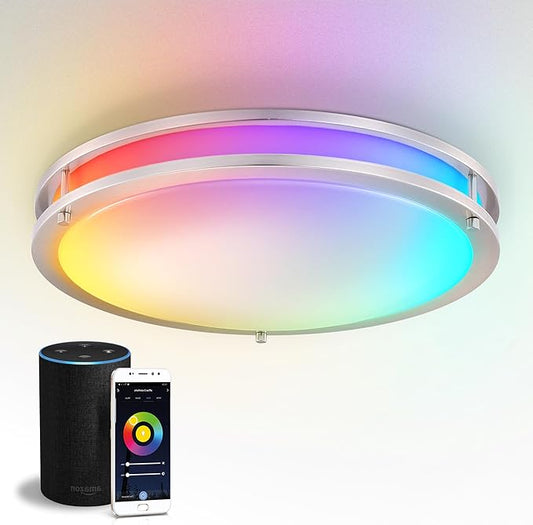 ASD LED 18" Round Flush Mount Lighting, Close to Ceiling Light Fixture | Smart, Multicolor, Dimmable, ETL Listed | 28W 1844LM RGB-2700-6500K 120V | Low Profile Double Ring Lamp | Nickel