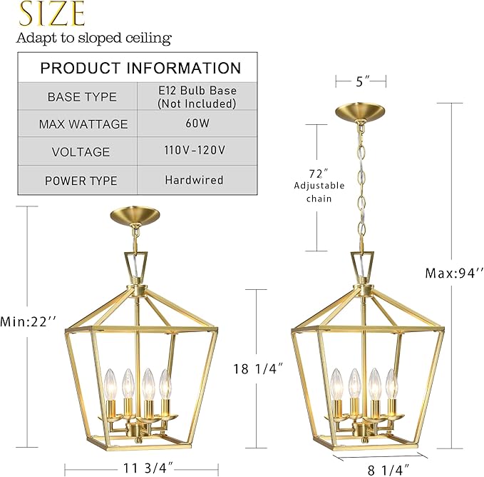 Untrammelife Gold Lantern Chandelier 4-Light Pendant Light Modern Hanging Pendant Light Fixtures in Brushed Brass Finish, Adjustable Metal Chain Geometric Chandelier for Kitchen Island Stair Foyer