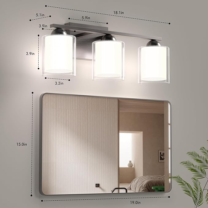 Quntis 3 Light Brushed Nickel Bathroom Light Fixtures, Modern Vanity Lights Over Mirror with 5 Colors & Stepless Dimmable, 16 Inch LED Bathroom Lighting with Milk White Frosted Glass (Bulbs Included)