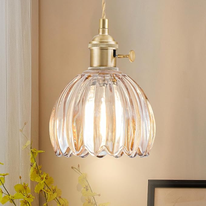 2 Pack Plug in Pendant Light Fixtures, Hanging Light Fixture Vintage Glass Pendant Light, Mini Amber Tulip Hanging Lamp, Pendant Lighting for Kitchen Island, Bedroom, Dining Room, Living Room