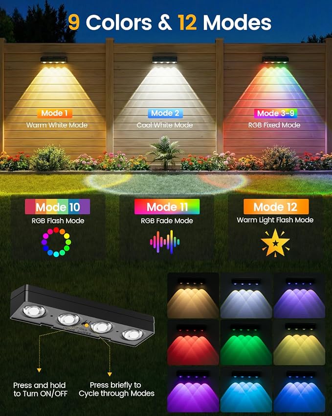 JOFIOS Fence Lights Solar Powered 12 Pack, Warm White, Cool White and RGB Color Glow LED Solar Lights Outdoor, IP65 Waterproof Solar Fence Lights for Patio, Backyard, Railing, Deck and Wall