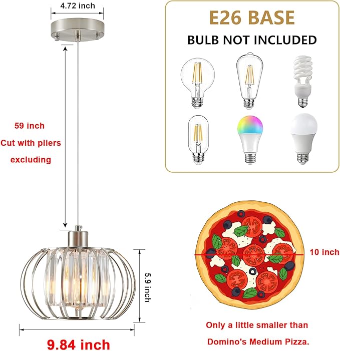 XSDeTu Brushed Nickel Pendant Light Fixtures, Modern Crystal Hanging Ceiling Light, Farmhouse Small Chandeliers, Metal Cage Pendant Lighting, Adjustable Pendant Lights Kitchen Island, Hallway