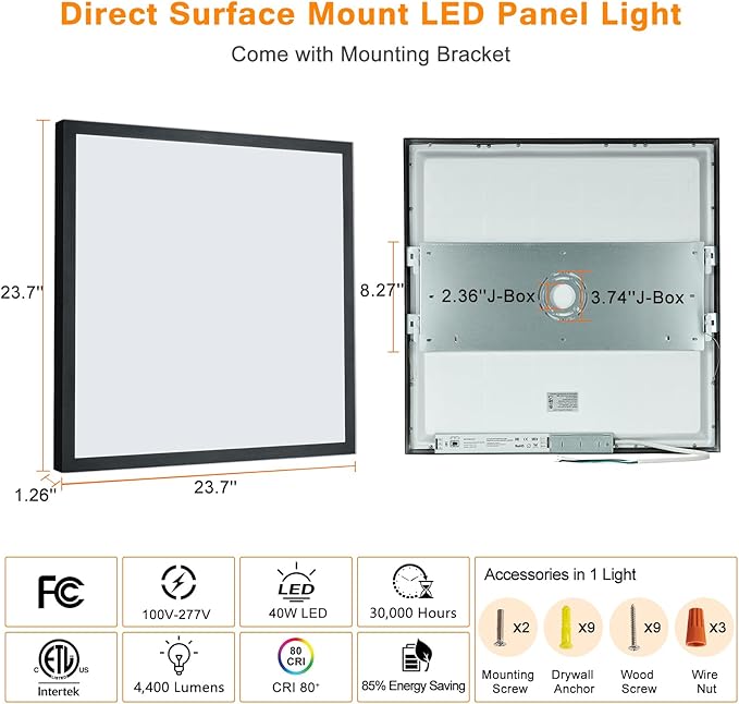 2x2 FT LED Flush Mount Panel Light 5000K 4000K 3000K Selectable & Dimmable, Black Square Surface Mount led Ceiling Light, 40W, 4400LM, 100-277V, ETL Listed, 2 Pack