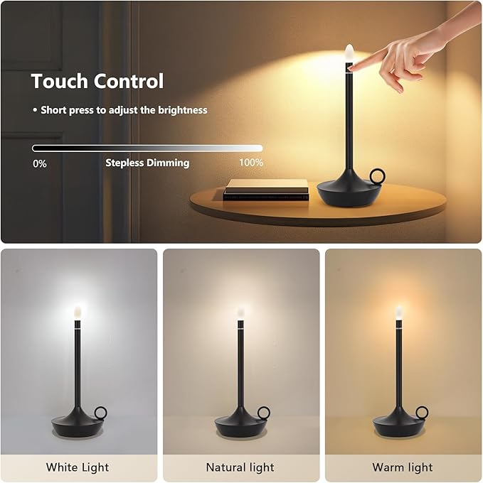 ModernPortable Table Lamp CordlessLED Desk Lamps, 3 Colors Stepless Dimming Rechargeable Battery Operated Lighting for Bedroom Dining Room Restaurant Coffee Shop Camping Night Light (Black)