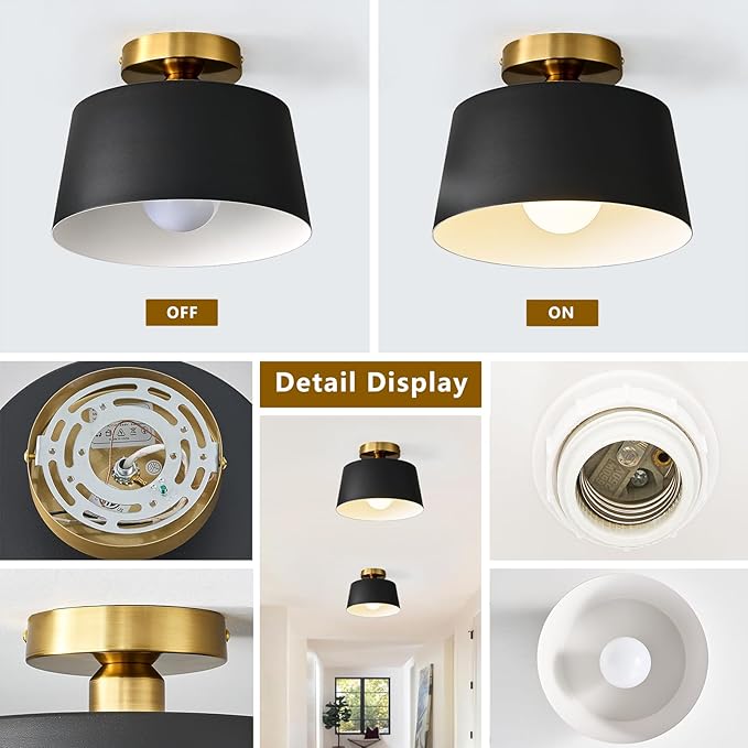 Modern Semi Flush Mount Ceiling Light 2 Pack,Metal Ceiling Light Fixture,E26 Ceramic Lamp Head,Black and Gold Ceiling Lamp for Hallway Kitchen Entryway Bedroom Laundry Room (10Inch)