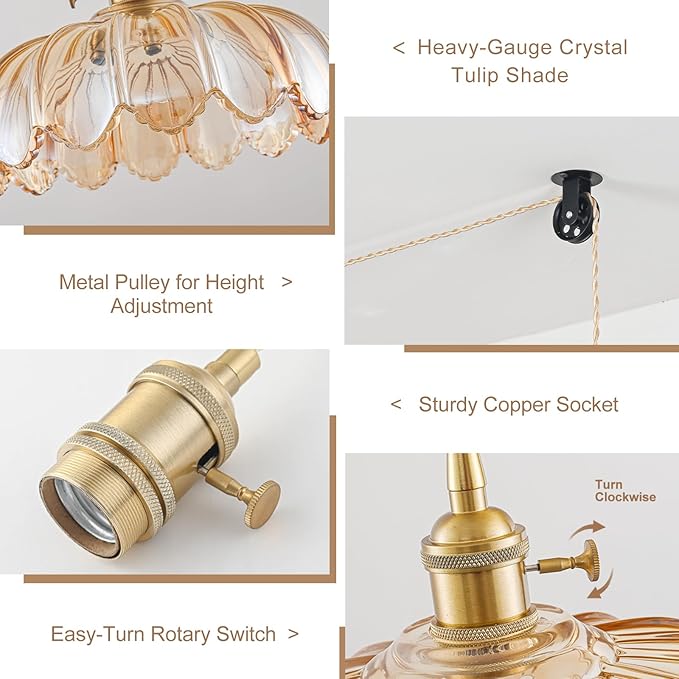 2 Pack Plug in Pendant Light Fixtures, Hanging Light Fixture Glass Pendant Light, Vintage Amber Hanging Lamp, Pendant Lighting for Kitchen Island, Bedroom, Dining Room, Living Room