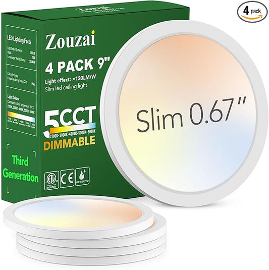 zouzai 3rd Gen Fireproof LED Flush Mount Ceiling Light, Dimmable 5CCT 2700K-6000K, 9 Inch 18W Ultra-Thin Round Fixture for Bedroom, Hallway, Closet, Laundry, Kitchen, ETL Listed(9 inch 4 Pack)