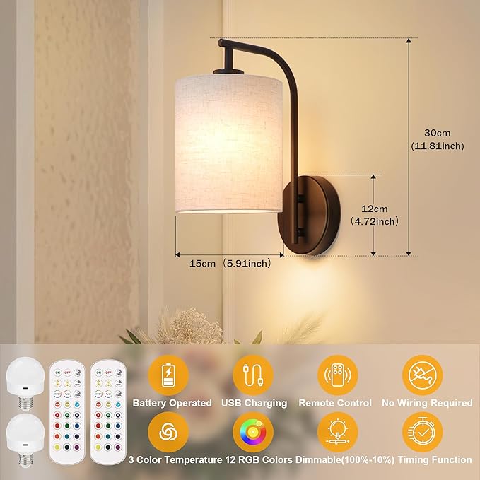 MATAMEYE Battery Operated Wall Sconce Set of 2, Black Rechargeable Wireless Wall Light Fixture with Remote, 12 RGB Colors & Timer, Indoor Dimmable Wall Lamp with Linen Shade