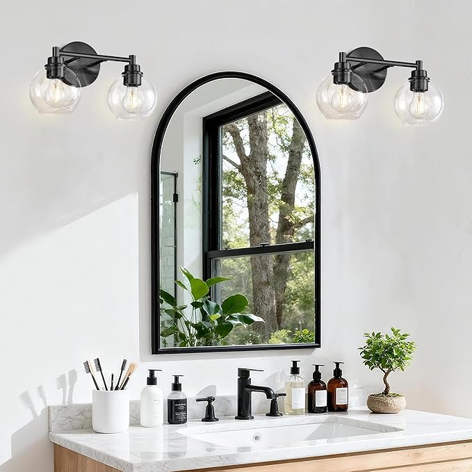 Black Bathroom Vanity Lights, 2-Light Wall Sconce with Glass Globe Shade, Vanity Lighting for Bathroom/Bedroom/Dressing Room, Vertical/Horizontal Mounted, E26 Bulb Base (Bulb Not Included)