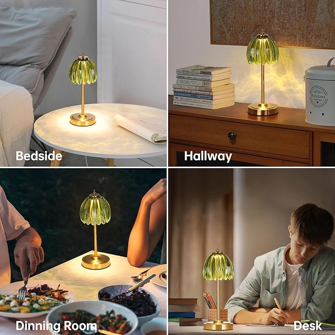 Shenmoyl Set of 2 Tulip Table Lamp with 5000mAh Battery & Touch Control, Cordless Table Lamp with 3 Colors, Dimmable Rechargeable Table Lamps for Bedroom, Living Room, Entryways (Green Tulip)