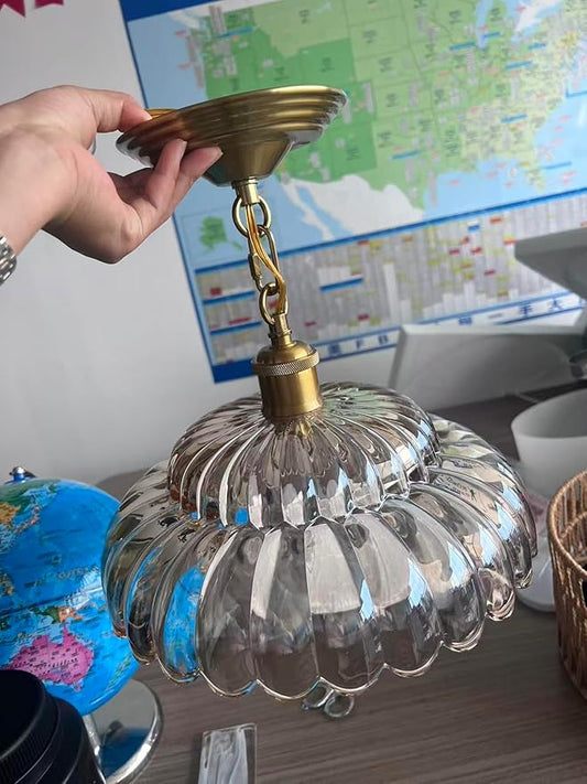 Clear Glass Pendant Light, Vintage Brass Hanging Ceiling Light, Fluted Glass Shade Pendant Lamp, Adjustable Sloped Ceiling Light for Kitchen Island Dining Room