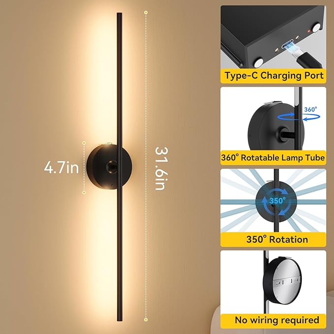 Ouyulong Battery Operated Wall Sconces Set of 2, 8000mAh Wireless Rechargeable 3000-6000K Dimmable 350° Rotate Wall Light with Remote for Living Room, Bedroom 31.6in Black