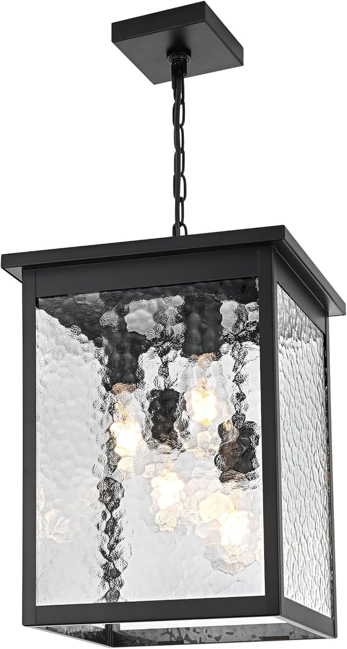 TODOLUZ Large 4-Light Outdoor Pendant Light Fixture, Exterior Hanging Porch Lighting with Hammered Glass for Foyer Entryway, Adjustable Long Chain & E26 Bulb Base