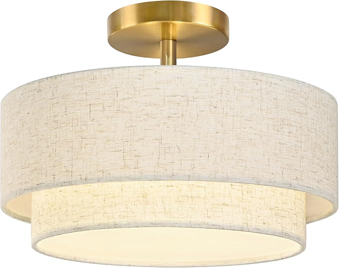 12.6 inch Flush Mount Ceiling Light Gold Close to Lights Fixture with 2-Layer Fabric Shade 3-Light Drum Modern Lights for Dining Room Bedroom Hallway