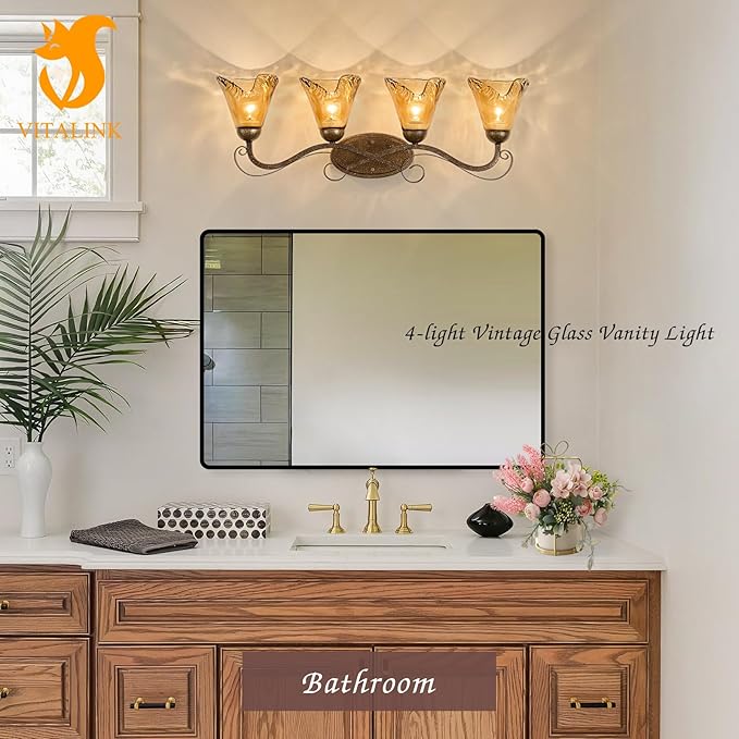 VitaLink 4-Light Bathroom Vanity Light 29.5" Rustic Amber Glass Wall Sconces for Bathroom Over Vanity Mirror Wall Lamp for Living Room Hallway E26
