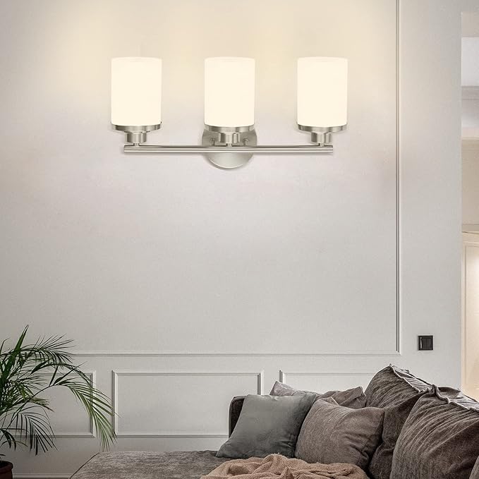 Brushed Nickel Bathroom Light Fixtures,3-Light Nickel Vanity Lights, Bathroom Lights Over Mirror,Modern Wall Sconces with Frosted Glass Shades for Bathroom,Living Room