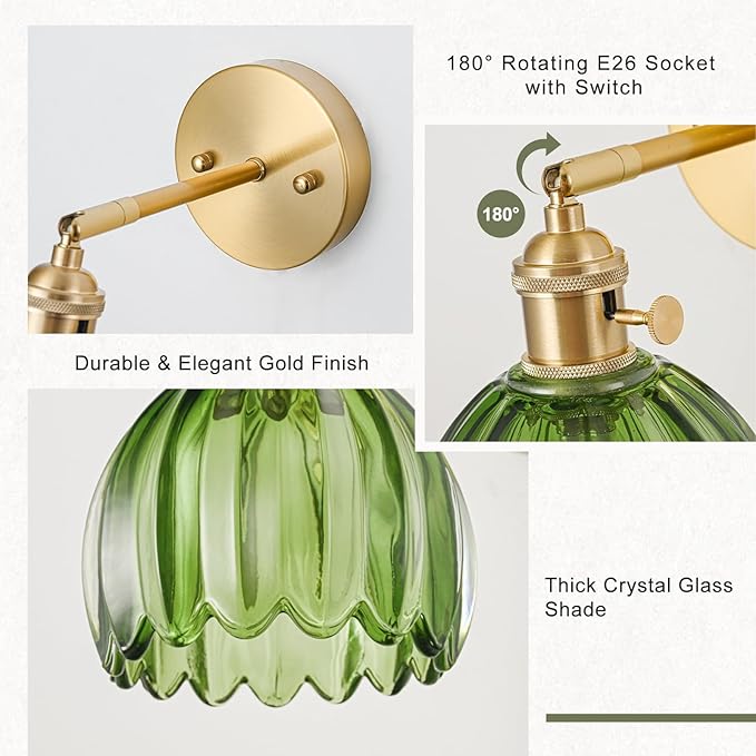 Hardwired Wall Sconce Light, Vintage Wall Sconce with Switch, Gold Wall Light Fixture with Tulip Green Glass Lampshade, Indoor Wall Light for Bedroom Bathroom, Bedside Wall Lamp
