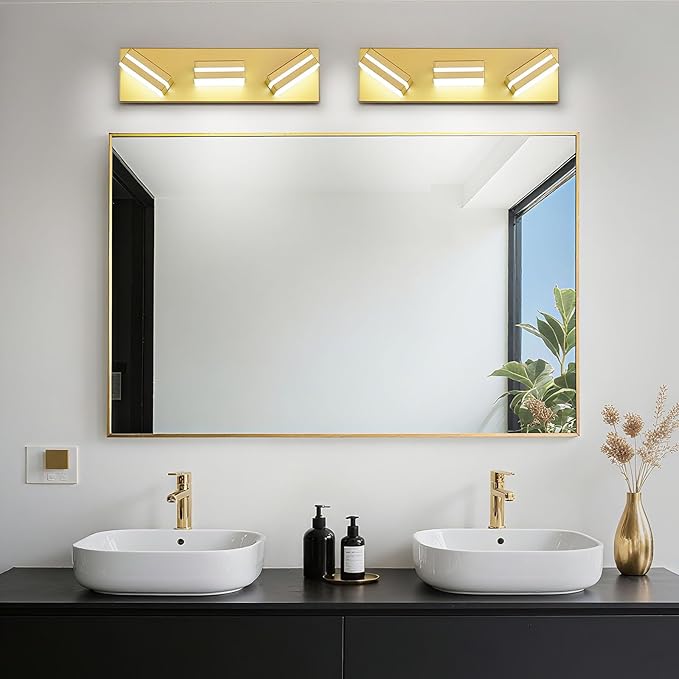 Modern LED Small Bathroom Lights Fixtures 3-Light,Metal Gold Acrylic Wall Lighting,Vanity Lights for Bathroom Over Mirror 6000k 16in