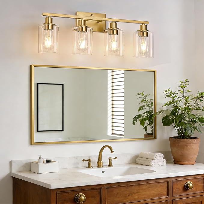 MOKATNG 4-Light Bathroom Light Fixtures, Vanity Light with Clear Glass Shades, Brushed Gold Bathroom Light Fixtures Over Mirror, Modern Bathroom Wall Lamp for Mirror Living Room Cabinet Bedroom