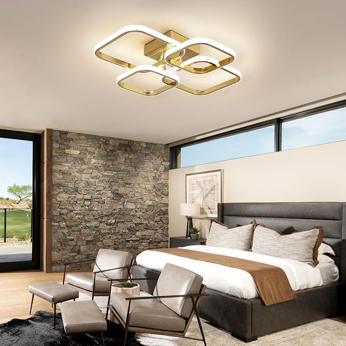 Dimmable Modern Ceiling Lights, 4-Square Flush Mount Ceiling Lighting with Remote Control, 3000K-6000K Gold LED Ceiling Light Fixtures for Bedroom, Dining Room,Kitchen