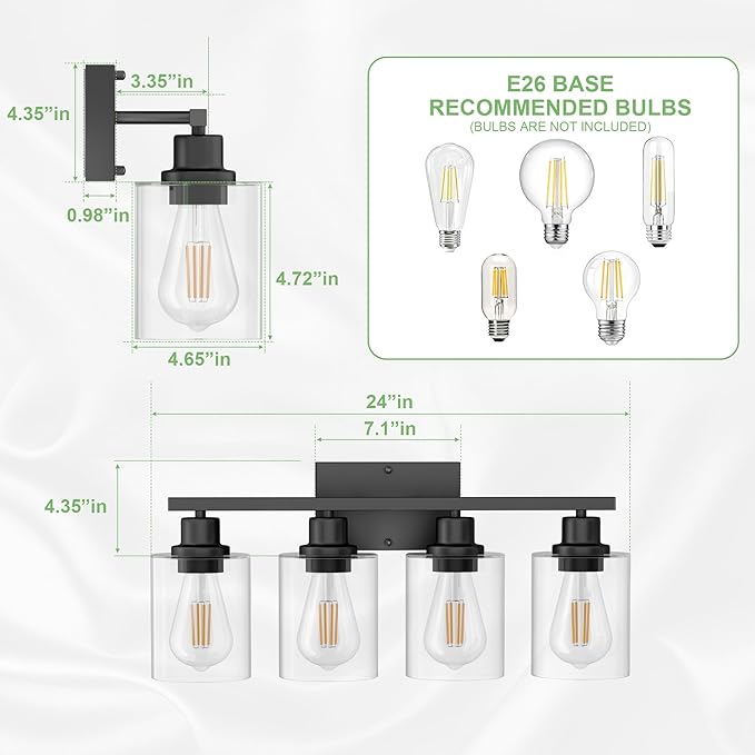 Bathroom Lights Over Mirror, 4-Light Black Vanity Light for Bathroom, 24Inches Anti-Rust Modern Wall Sconce, Standard E26 Base, Clear Glass Shades, Bulbs Not Included
