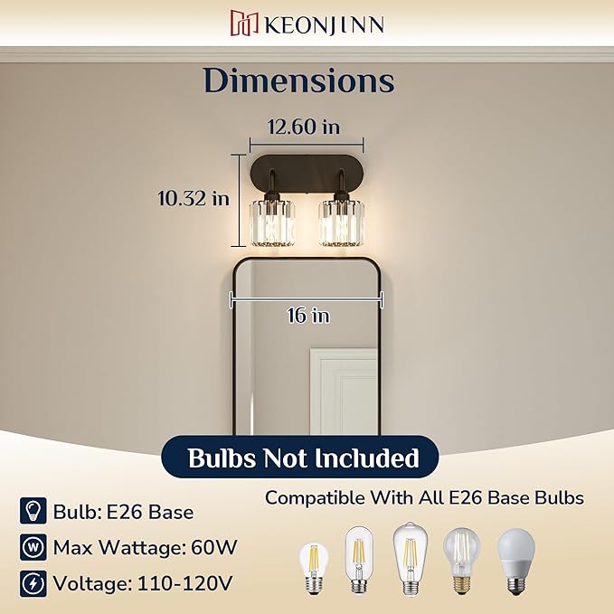 Keonjinn 2-Light Bathroom Light Fixtures, Crystal Black Bathroom Vanity Lights Over Mirror, Vanity Lighting Fixtures with Crystal Square Shades (E26 Base, Exclude Bulb)
