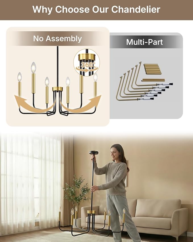 Yunnix Black and Gold Chandelier 6-Light Modern Pendant Hanging Light Fixture for Dining Room, Bedroom Pendant Ceiling, Foyer Entryway, Kitchen Island