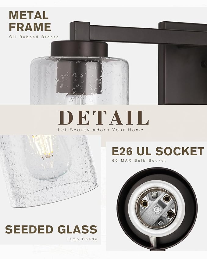 Beionxii Bathroom Vanity Lights, 3-Light Vintage Wall Sconce Light Fixtures, Oil Rubbed Bronze Finish with Clear Seeded Glass (24.5" W x 8.7" H) - MB9002 Series