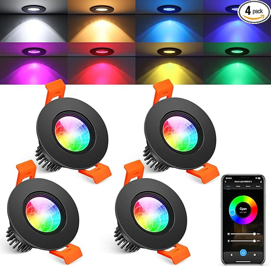 2 Inch Smart Recessed Lighting, 5W WiFi Recessed LED Lights, Dimmable RGB Color Changing & CCT 2700K–6500K, Compatible with Alexa & Google Home, 120V LED Downlight & Driver (Black, 4 Pack)
