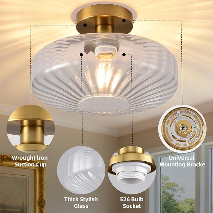 Semi Flush Mount Ceiling Light, 11.8 Inch Vintage Clear Crystal Glass Ceiling Light Fixture,Dining Room Lighting Fixtures for Kitchen, Hallway, Foyer, Bedroom, Bathroom, E26 Base (Bulb Not Included)