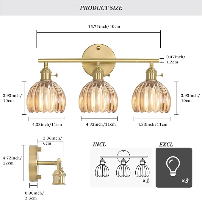 Shenmoyl Bathroom Light Fixtures, 3-Light Brass Vanity wall Light Over Mirror with Amber Tulip Glass Shade for Bedroom Living Room (Bulb Not Included)