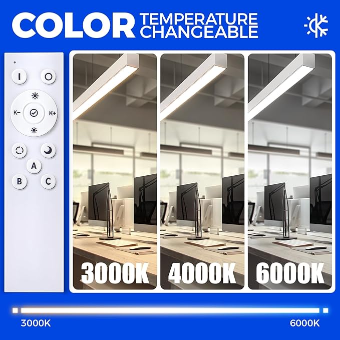 Barrina 5568 Remote Series 4FT LED Linear Light, 2nd-Generation, 45W Seamless Connection, 3000K-6000K Color Changing, Dimmable Hanging Office Shop Light Fixture with Remote Control, White, 1 Pack