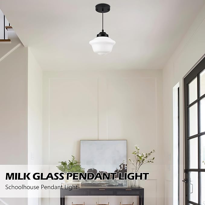 Black Schoolhouse Light Fixture 8" Milk Glass Pendant Light Schoolhouse Pendant Light Milk Glass Light Fixture Mid Century Pendant Light for Bedroom Bathroom Kitchen Hallway (Bulb Incl.)