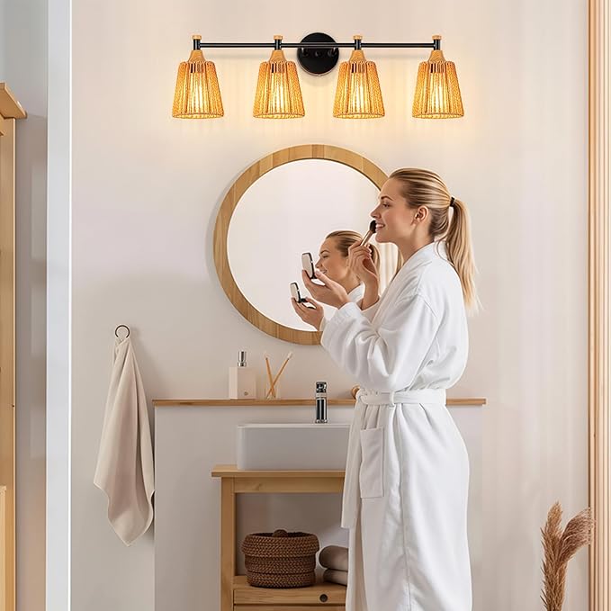 Bathroom Light Fixtures Vanity Lights Over Mirror, Rustic Farmhouse Rattan Wall Sconce with Boho Hand Woven Wall Lamp Natural Style Wall Mounted Light (30in - 5 Light)