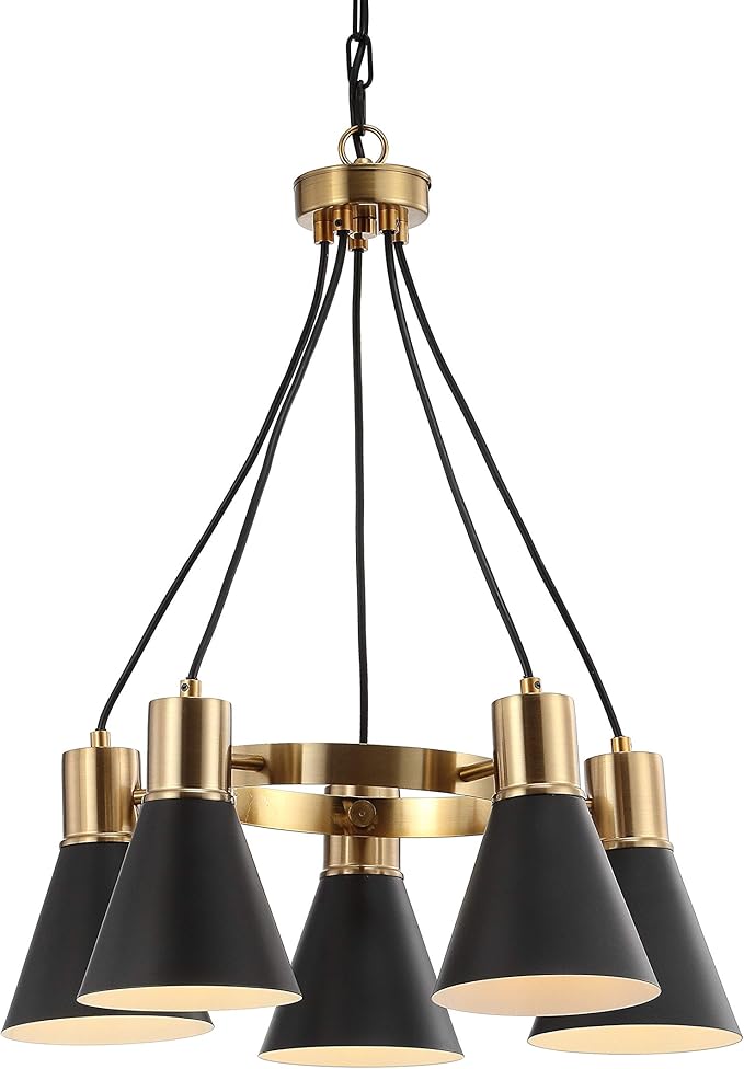 JONATHAN Y 22" Black/Brass Gold Apollo Mid-Century Modern Iron LED Pendant, Black Metal Shade, Adjustable Hanging Ceiling Light for Kitchen Island, Hallway, LED Bulb Included (JYL6135A)