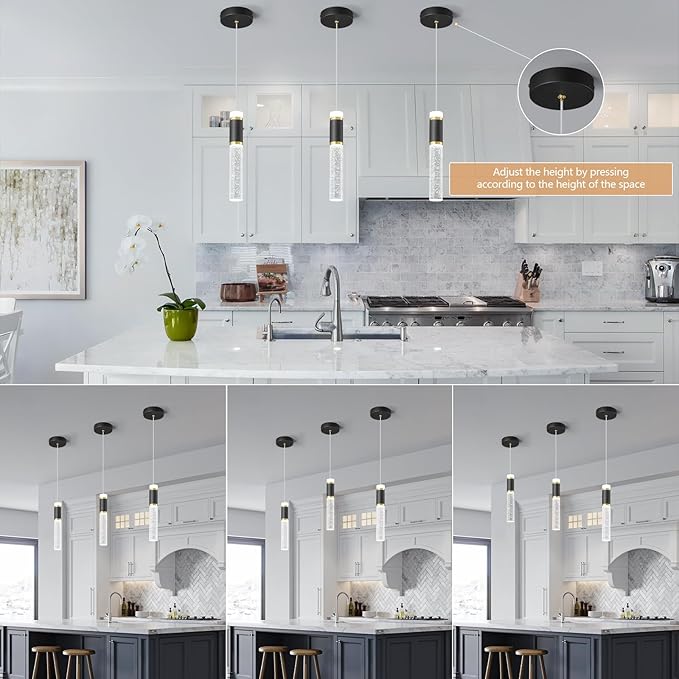 Pendant Ceiling Light Fixture for Kitchen Island, Black Gold Pendant Light Integrated Dimmable LED Hanging Light with Bubble Crystal Pendant Light Modern Pendant Lights Kitchen Island (2-Pack)