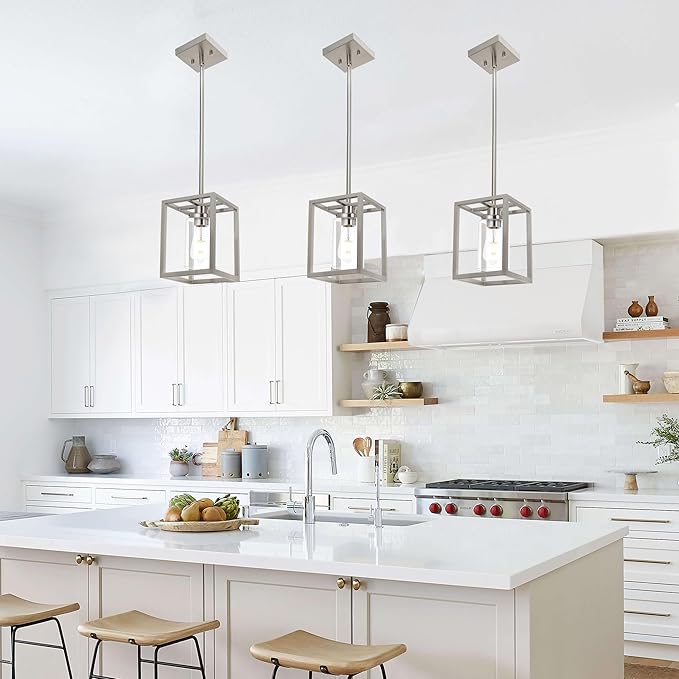 MELUCEE 3-Light Dining Table Light Sloped Ceiling Light Fixture with Clear Glass Shade, Brushed Nickel Pendant Lights Kitchen Island Adjustable Hanging Ceiling Lamp for Hallway Bathroom, 3 Pack