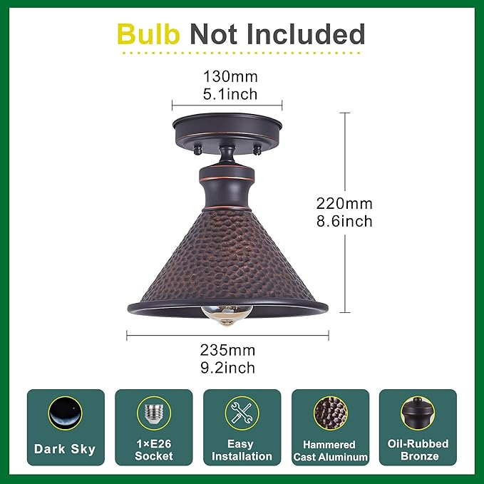 Tarentlight 9.2" Industrial Semi Flush Mount Ceiling Light,Vintage Hammered Pattern Cast Aluminum Shade,1-Light E26 Classic Lamp,Oil Rubbed Bronze Farmhouse Lighting for Hallway Kitchen Entryway.