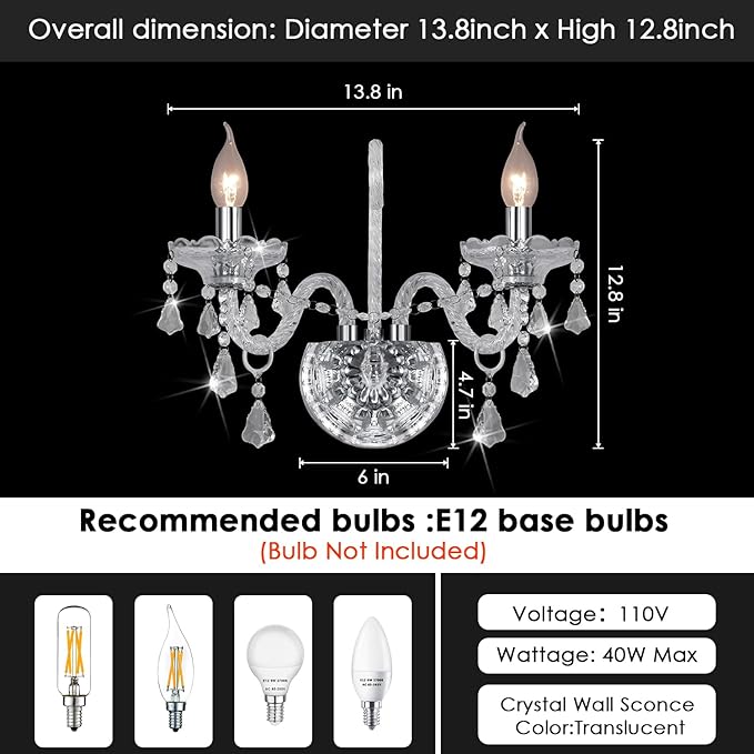 Vintage Crystal Wall Sconce Lighting Crystal Wall Light Elegant 2 Lights European Style Decorative Luxury Sconces Wall Lamp for Bathroom Bedroom Bedside Entryway Sconce Light